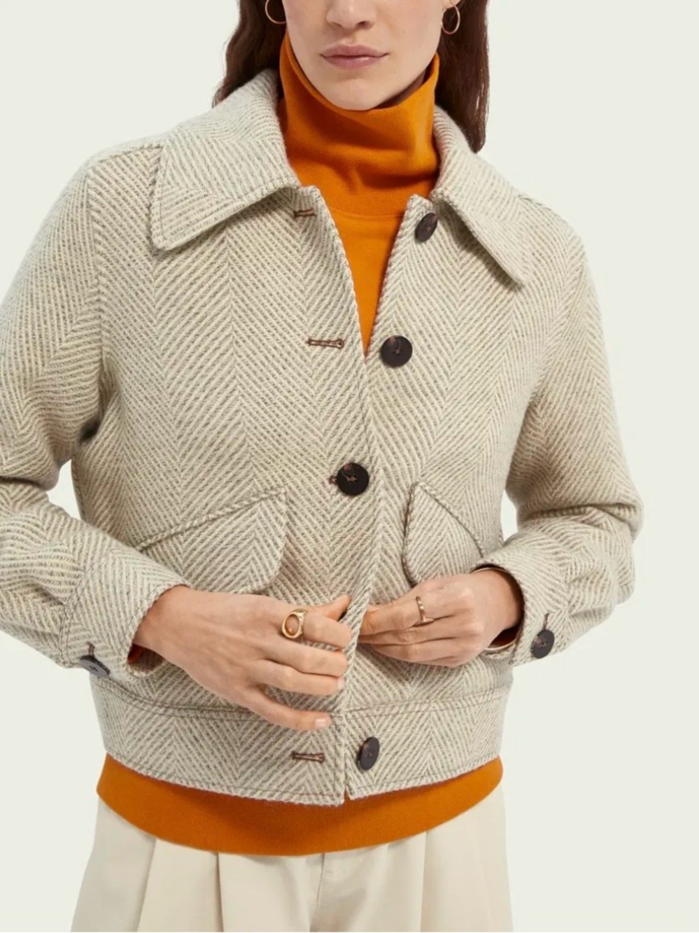 Scotch & Soda Cream & Tan Herringbone Wool Blend Cropped Jacket